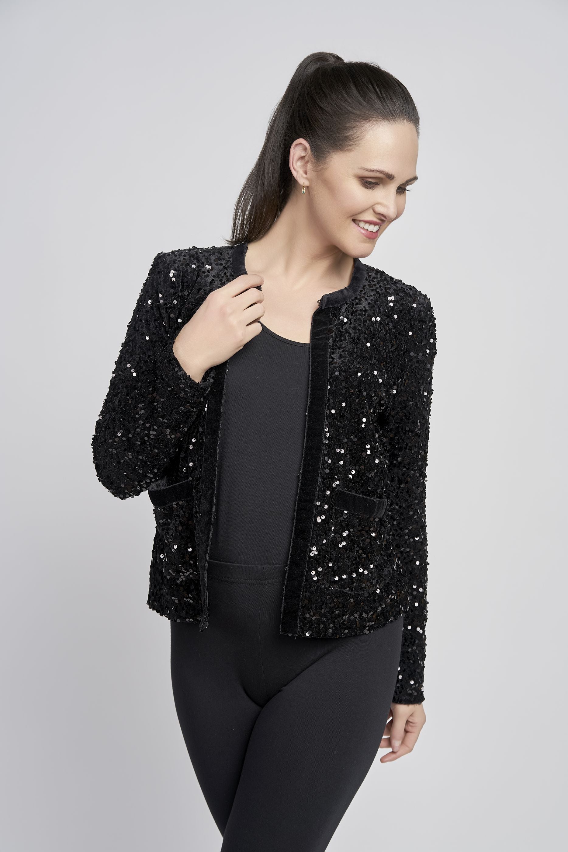 Pinns Black Sequin Jacket with Velvet trim detail 699Jk