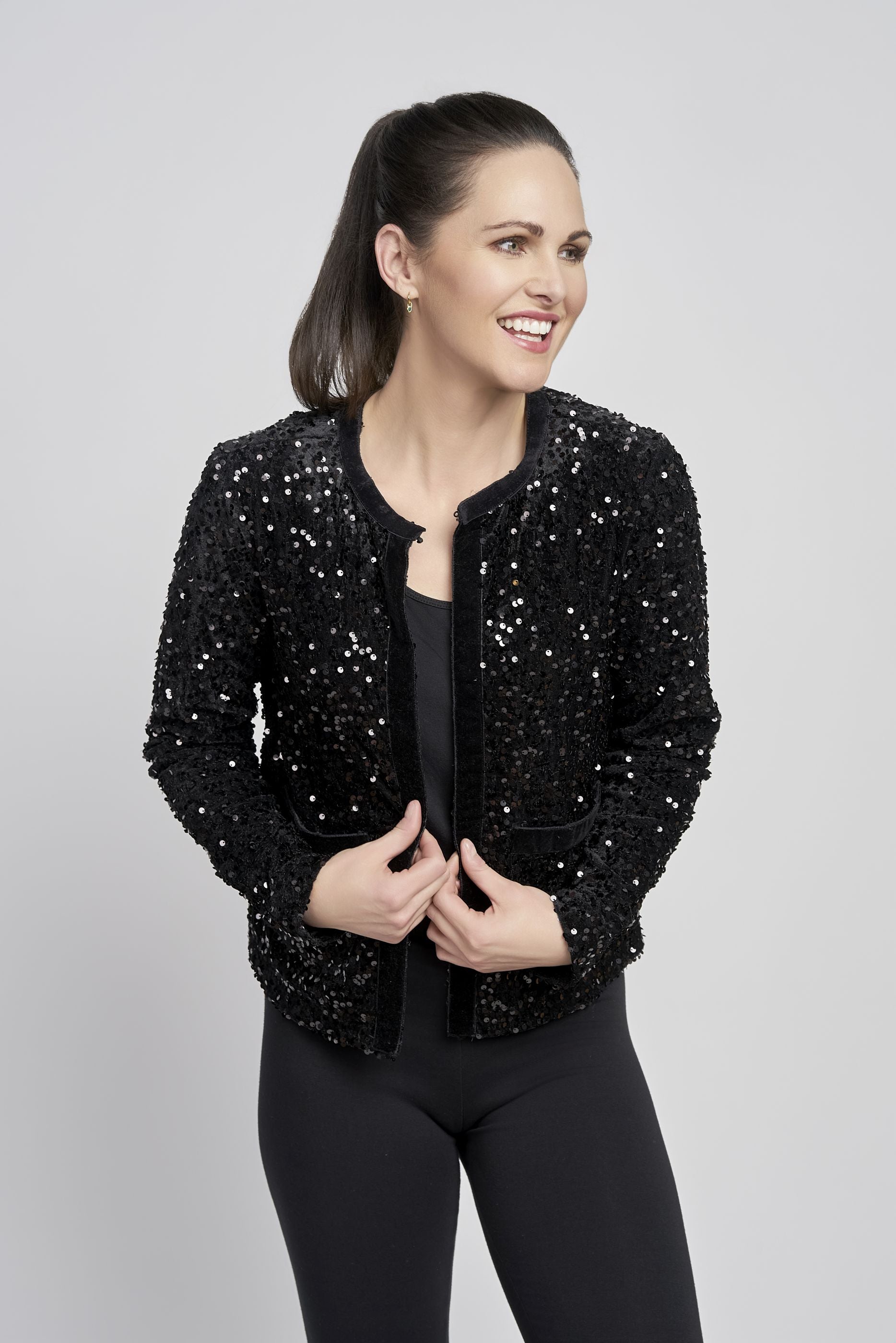 Pinns Black Sequin Jacket with Velvet trim detail 699Jk