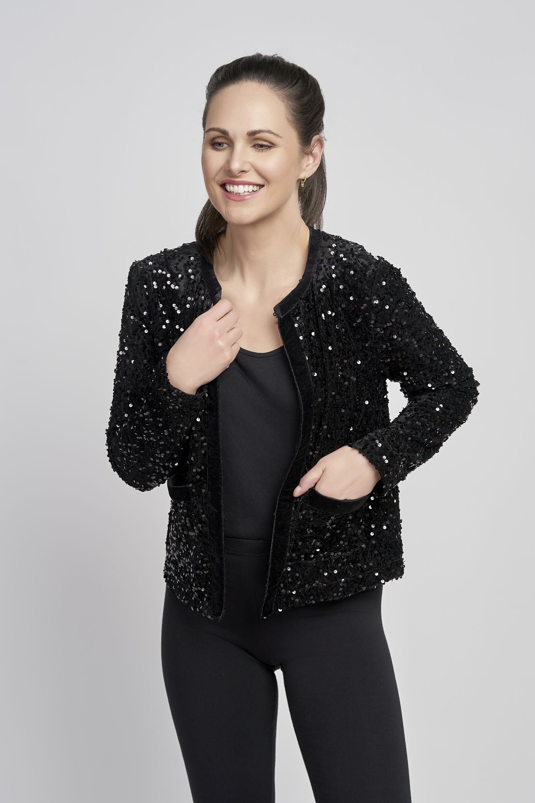 Pinns Black Sequin Jacket with Velvet trim detail 699Jk