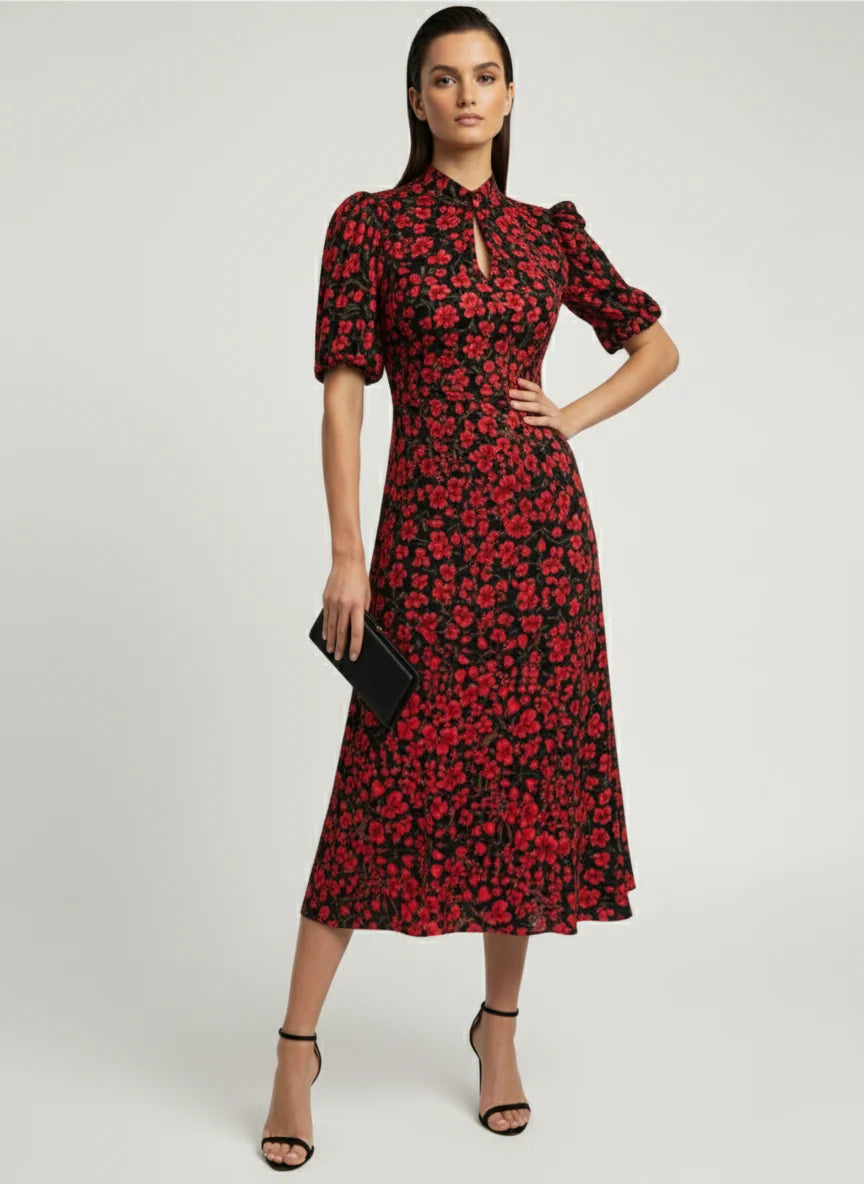 Marc Angelo Red Floral Print Jersey Midi Dress Ma81344