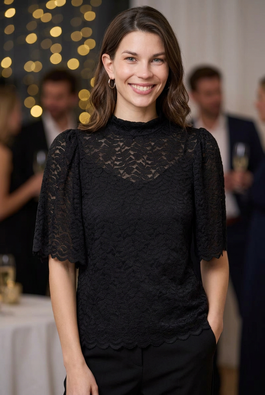 Fransa Black High neck Lace top with short sleeves 20618436