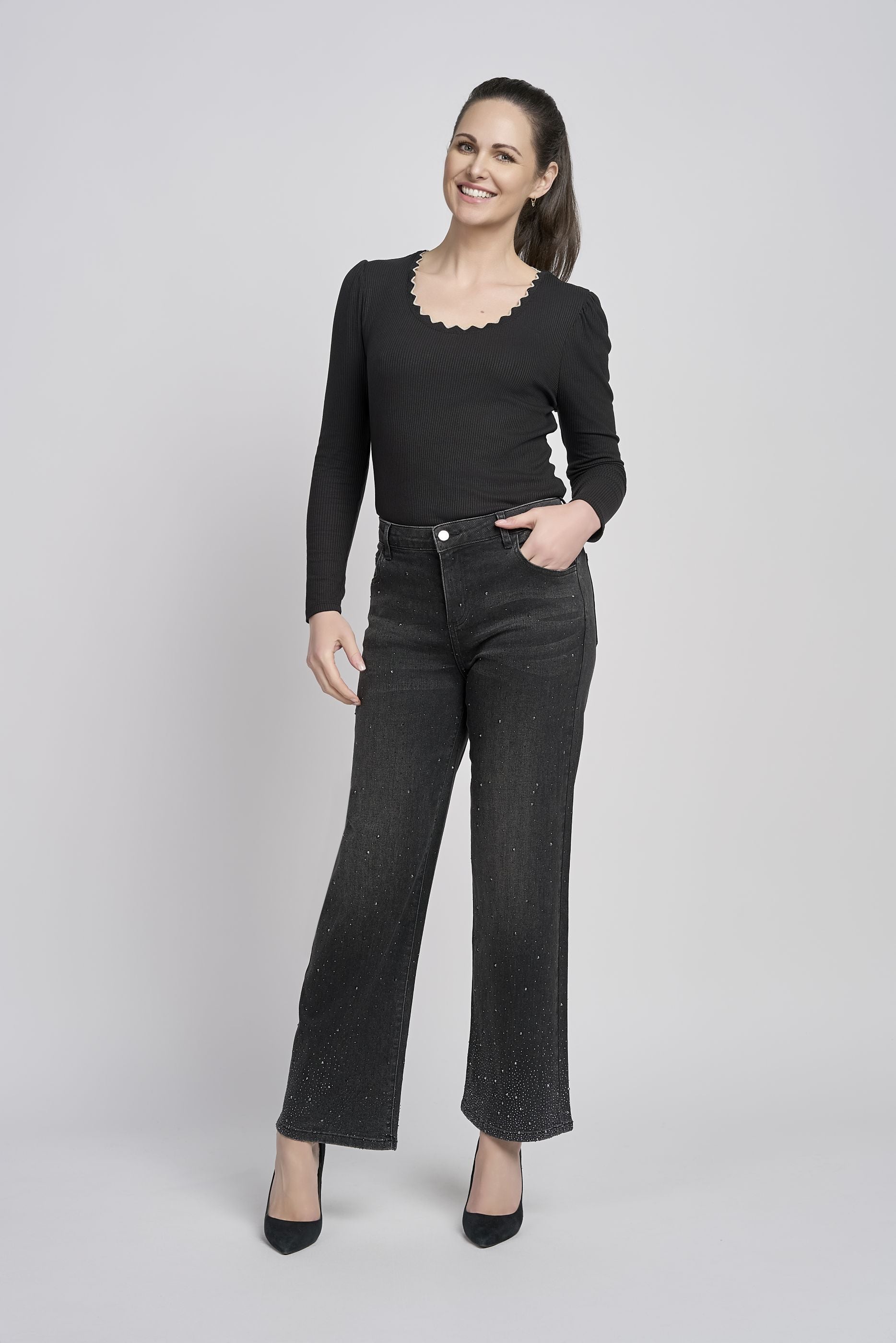 Pinns Wide leg denim jeans with Rhinestone Detail 711T