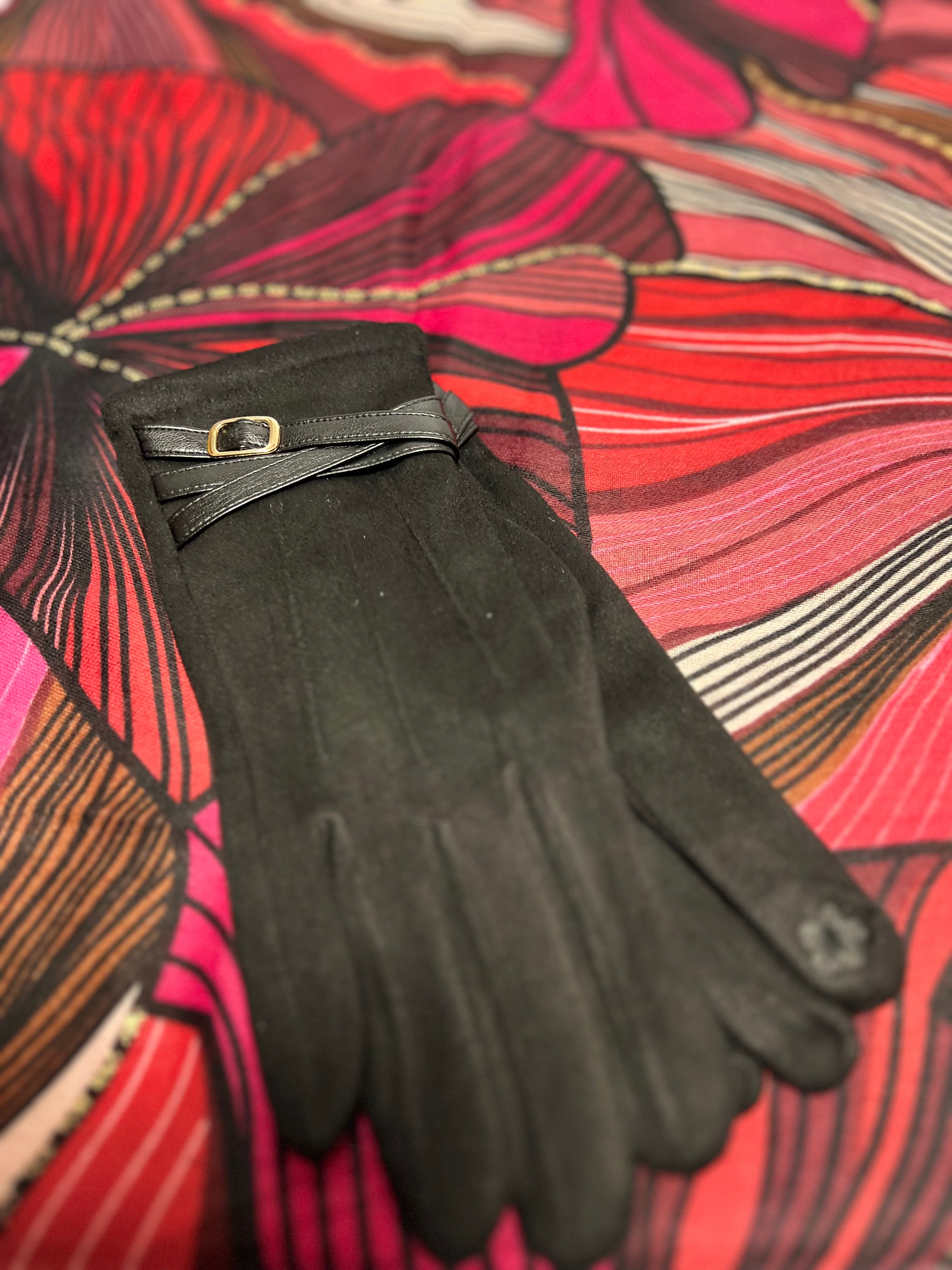 Christmas Gift Box - Red Print long scarf with Black Faux Suede gloves