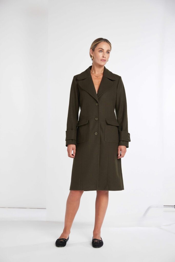 Kate Cooper Wool Blend Single breast coat in Military Green