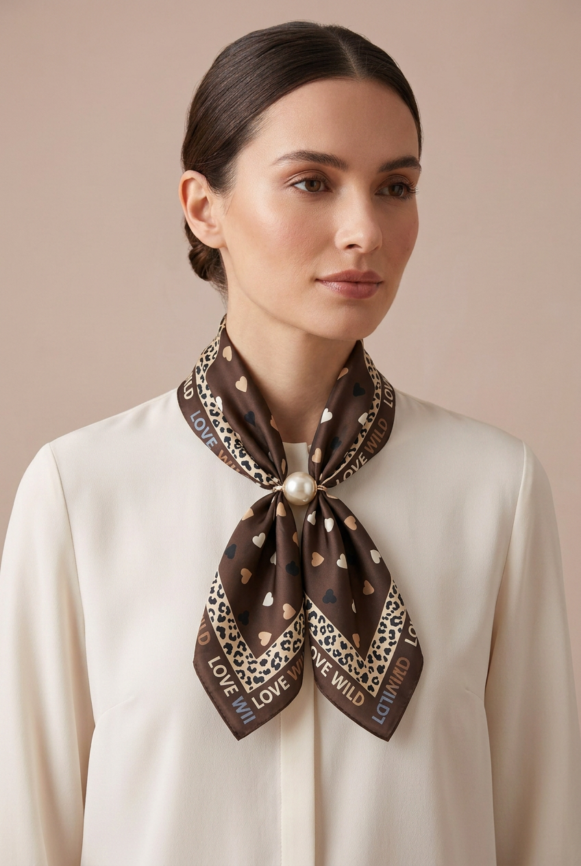 Silk Blend Scarf with Adjustable Pearl Clasp – Chocolate Hearts