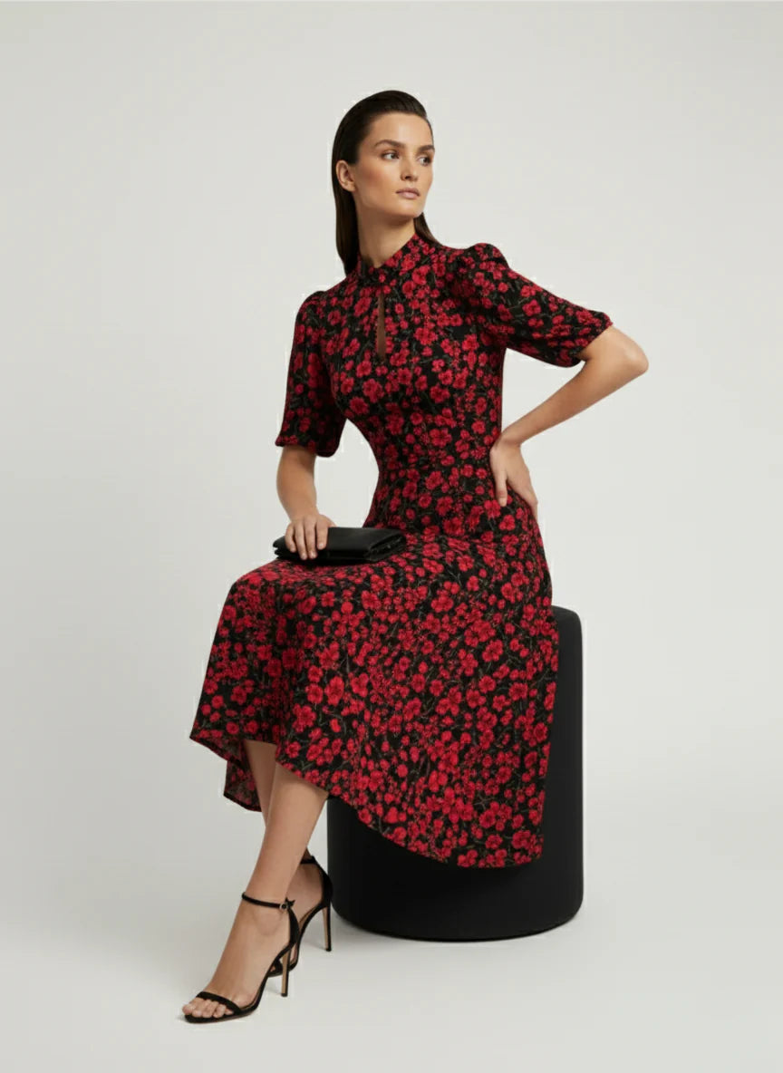 Marc Angelo Red Floral Print Jersey Midi Dress Ma81344