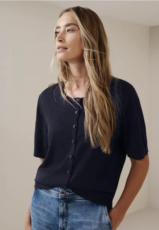 Street One Short Sleeve Cardigan with Round Neck. Red Or Navy 254127