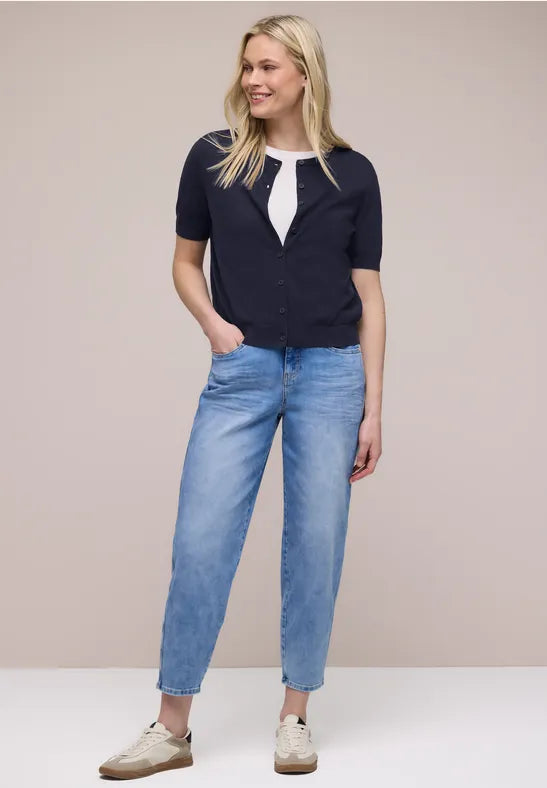 Street One Short Sleeve Cardigan with Round Neck. Red Or Navy 254127