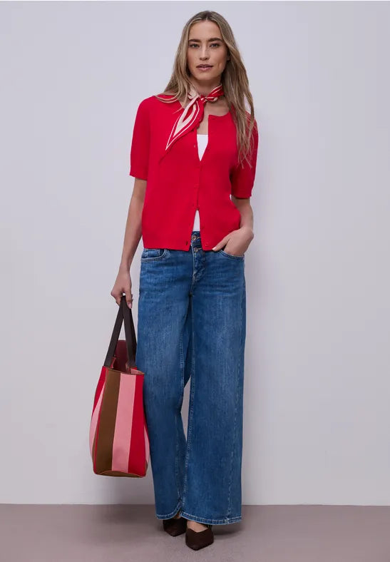 Street One Short Sleeve Cardigan with Round Neck. Red Or Navy 254127