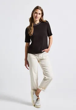 Street One Contrast rib Top in Deep Roast Brown or White 323849