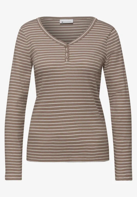 Street One Cotton v Neck Stripe Top in navy or Mocha 324620