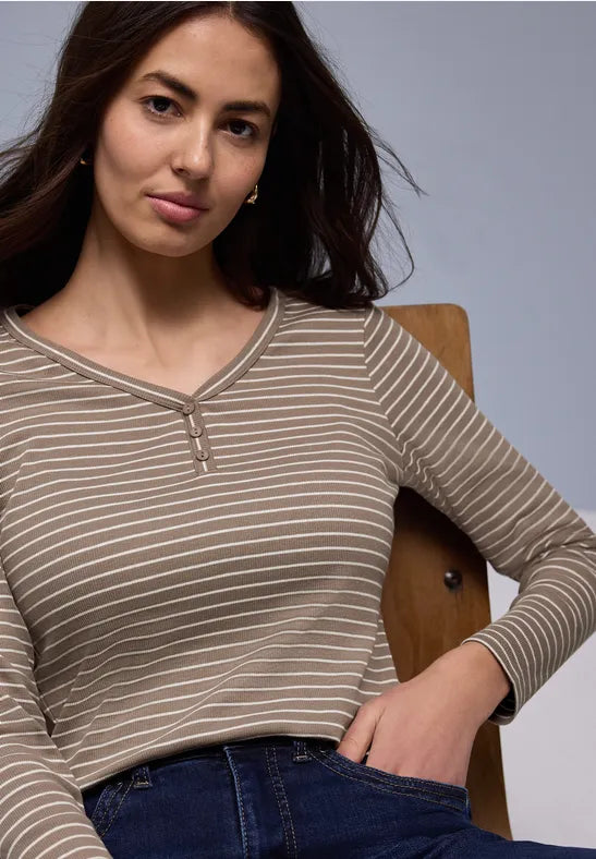 Street One Cotton v Neck Stripe Top in navy or Mocha 324620