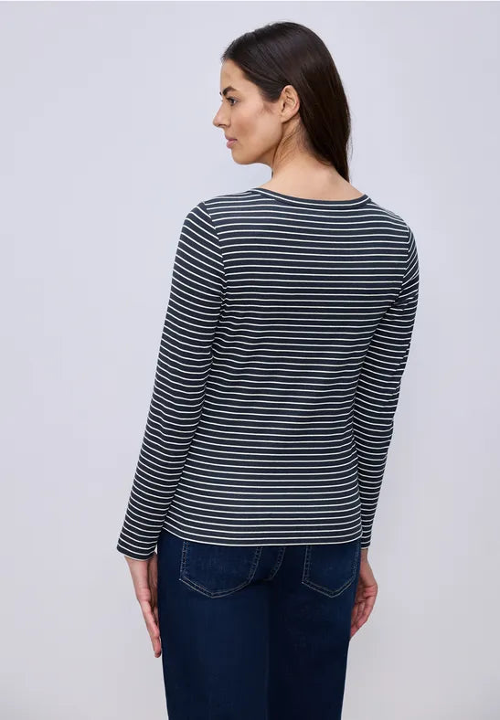 Street One Cotton v Neck Stripe Top in navy or Mocha 324620