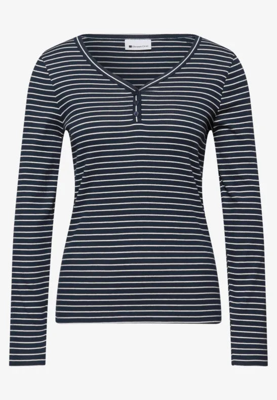 Street One Cotton v Neck Stripe Top in navy or Mocha 324620