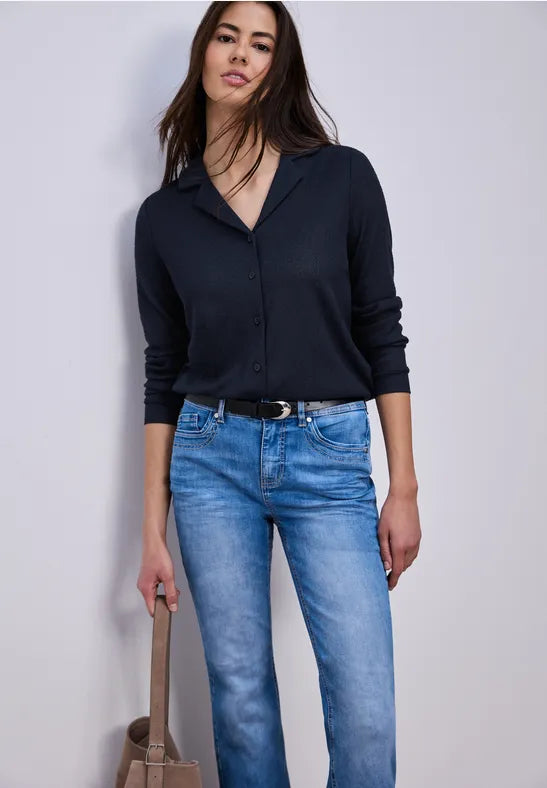Street One Navy Long Sleeve knit cardigan with collar and v neck 24789