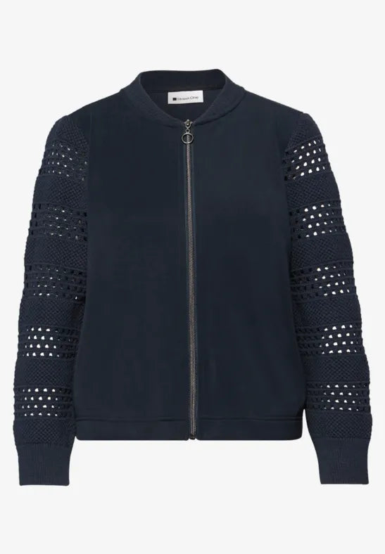 Street One Zip soft jacket with crochet look sleeves in Navy or Beige 324795