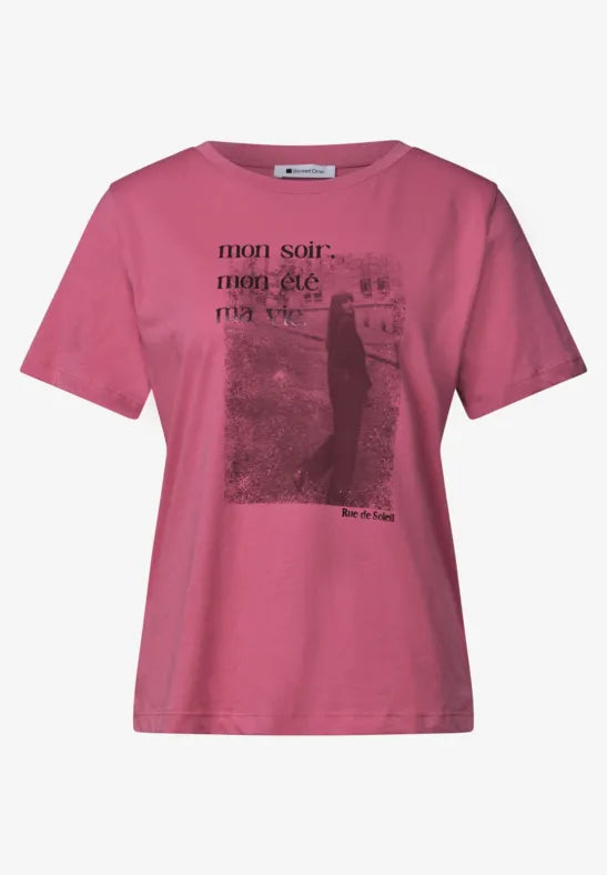 Street One Cotton photo print T Shirt in White or Blush Berry 325632