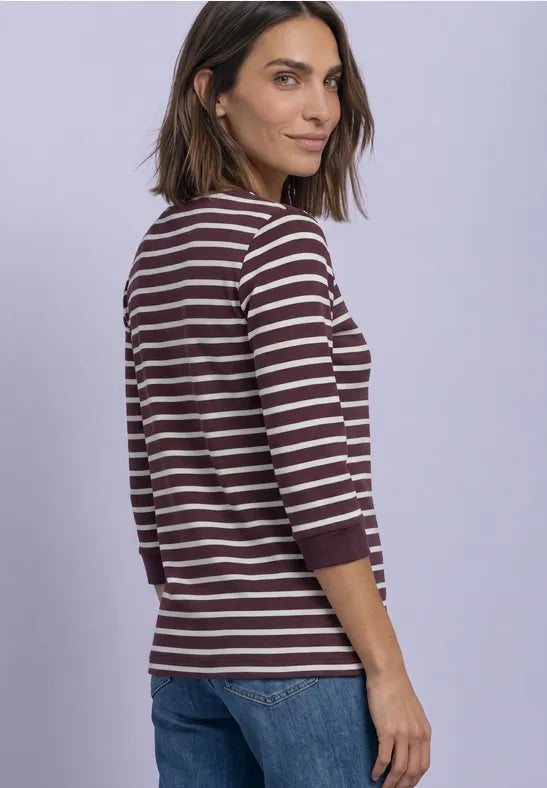 Street One Cotton Stripe Top in Rustic Rouge with 3/4 sleeve 325895