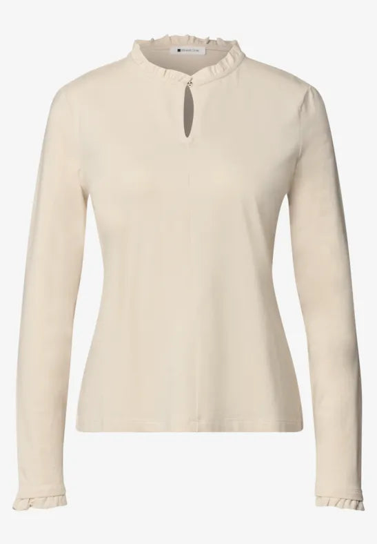 Street One Cotton Long Sleeve top with Frill Neckline and cuffs 326054