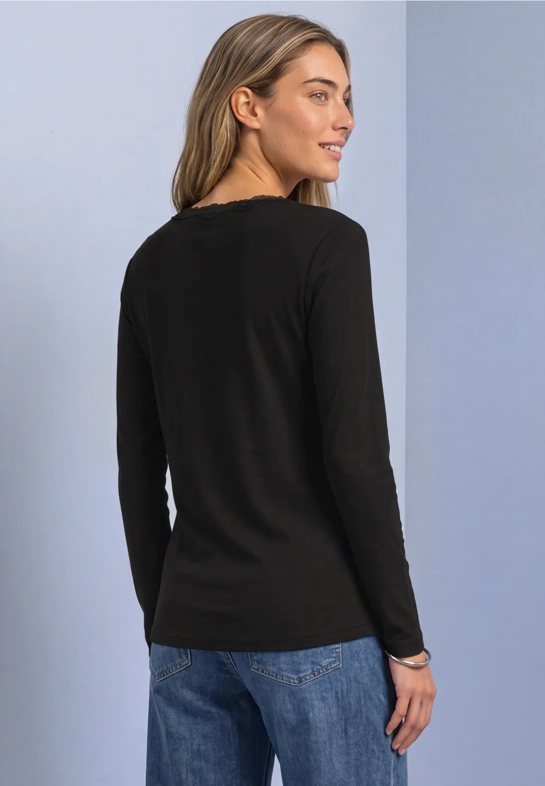 Street One Ribbed V Neck Top with Lace trim 326163