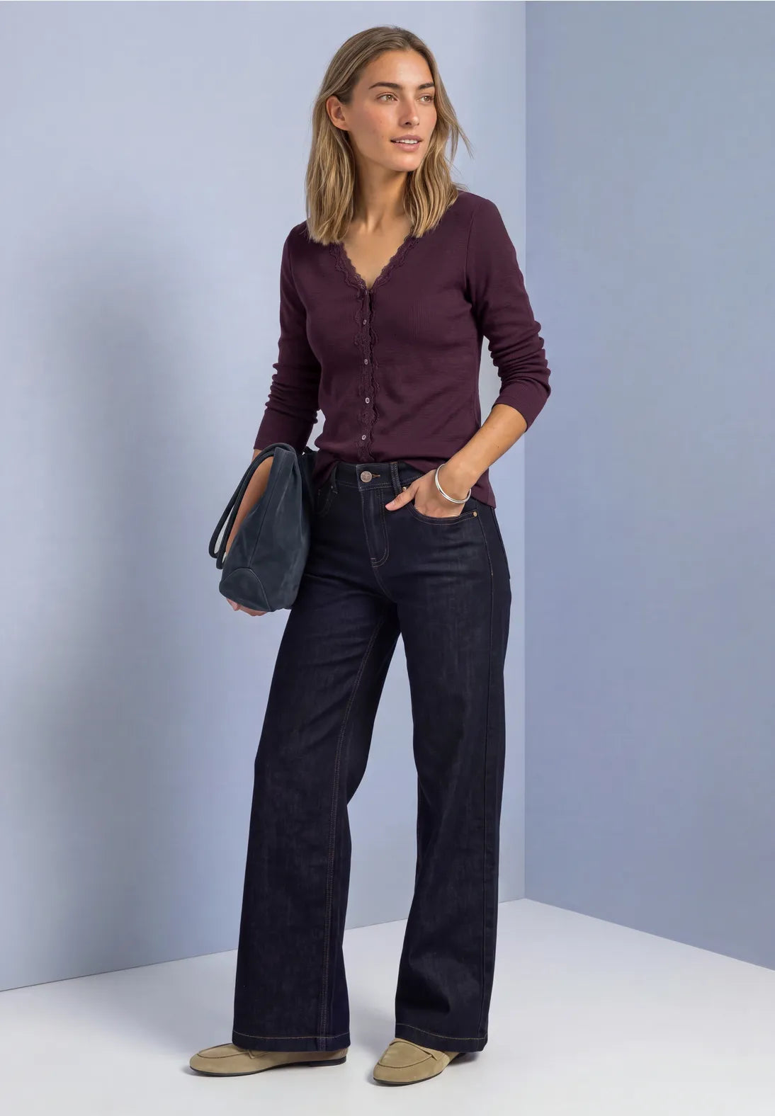 Street One Ribbed V Neck Top with Lace trim 326163