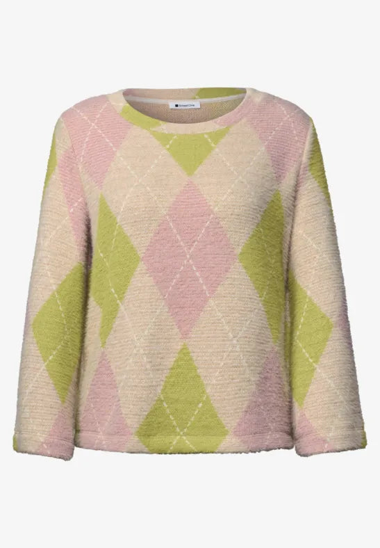 Street One 3/4 sleeve Fluffy Knit with round neck and argyle pattern326171