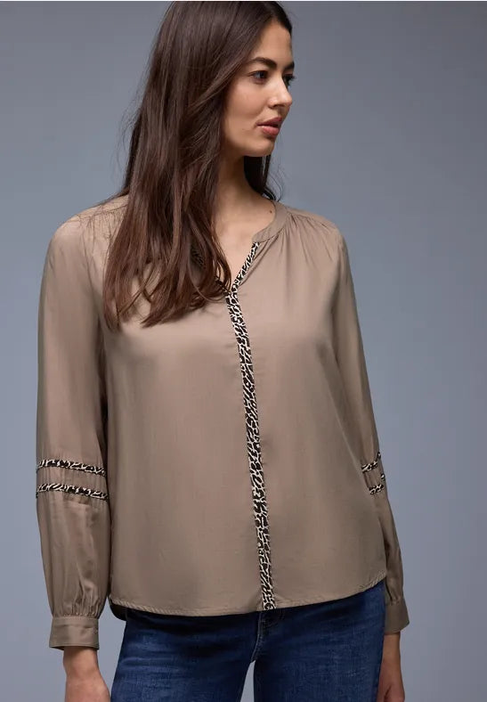 Street One blouse with animal print trim in Off White Or Mocha 346315