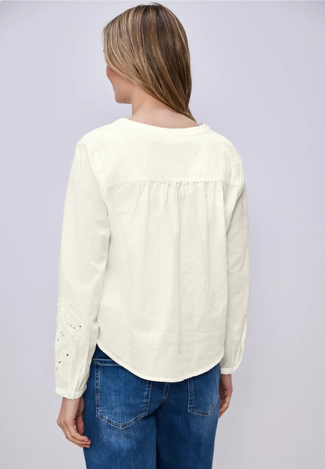 Street One Cotton white V Neck shirt with embroidery sleeve 346432