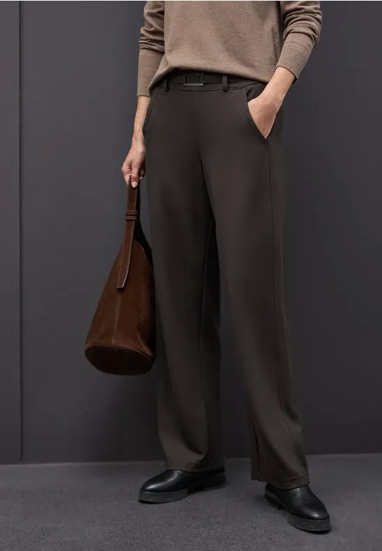 Street One High Waist straight Leg Jersey Trousers in Dep Roast Brown 30" leg