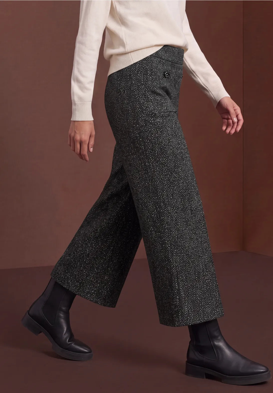Street One High-Waisted Herringbone Wide-Leg Trousers – 26" Leg
