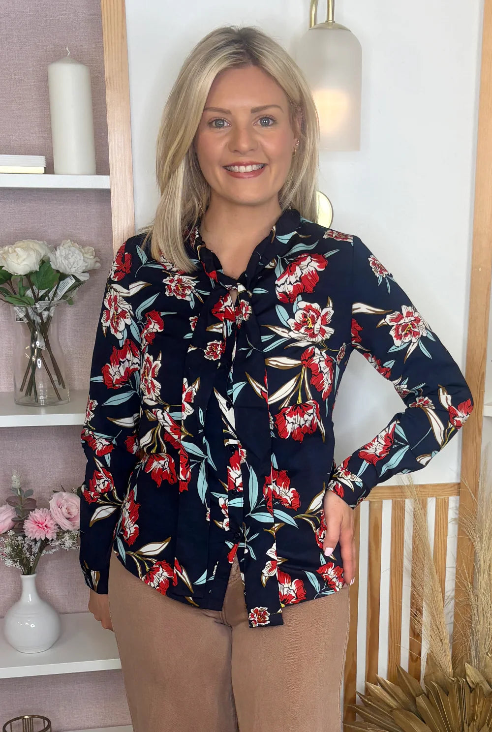 Saint Maine Navy Print V Neck Blouse with bow detail P2553