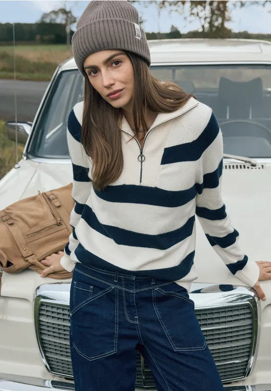Cecil 1/4 Zip stripe knit in Navy or Beige 303753