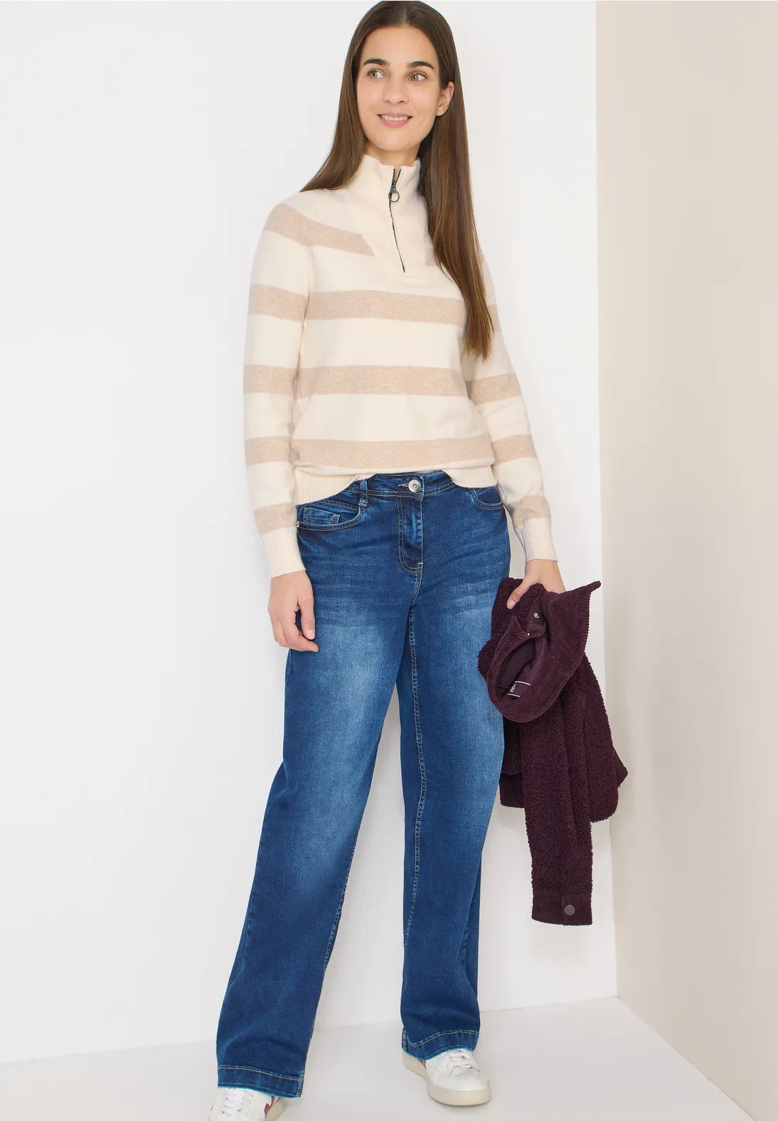 Cecil 1/4 Zip stripe knit in Navy or Beige 303753