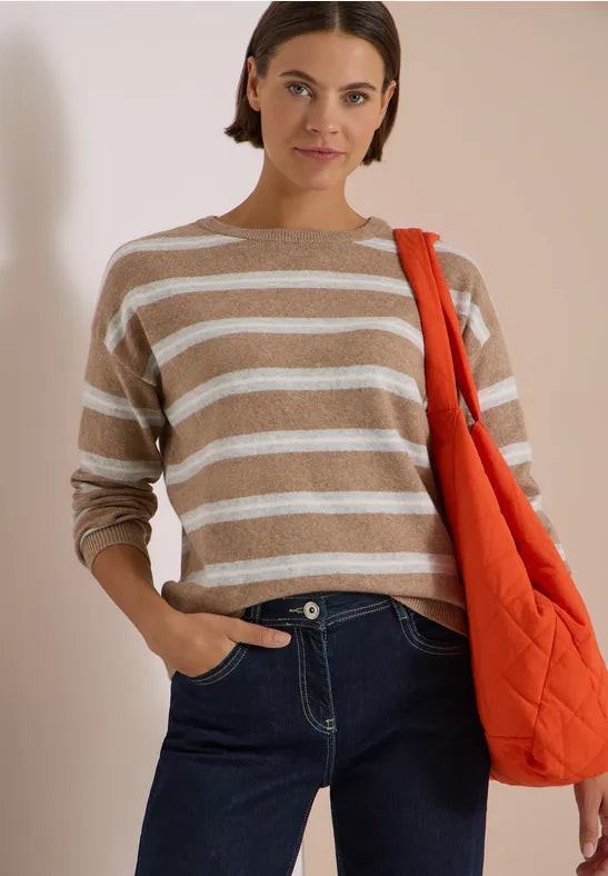 Cecil Cotton Blend Round neck long sleeve beige stripe jumper 304073