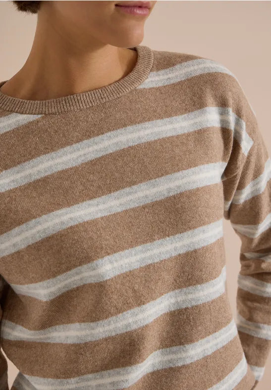 Cecil Cotton Blend Round neck long sleeve beige stripe jumper 304073