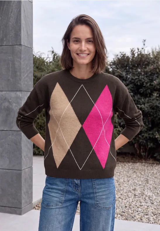 Cecil Sweater with round neck and argyle pattern in truffle brown 304174