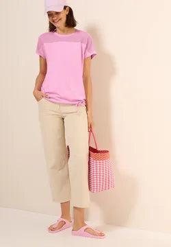 Cecil Cotton Mesh Top T Shirt with Drawstring waist in Pink
