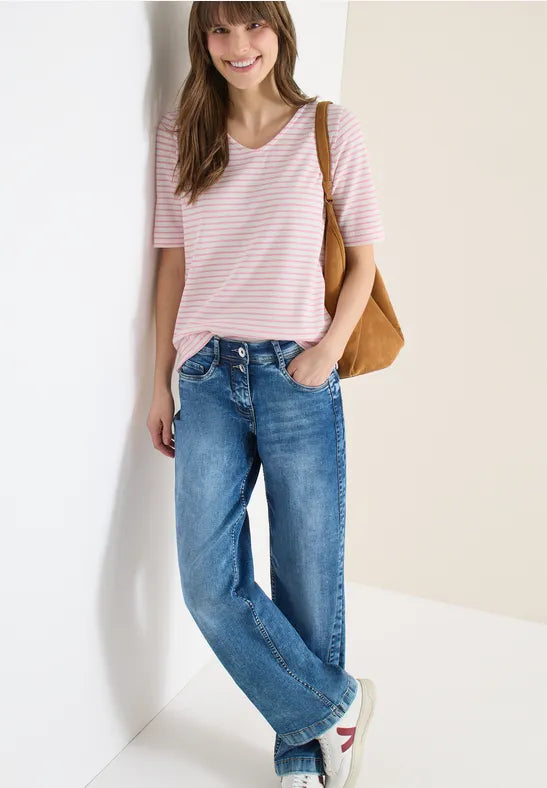 Cecil Cotton Blend V Neck textured short sleeve Top 324813