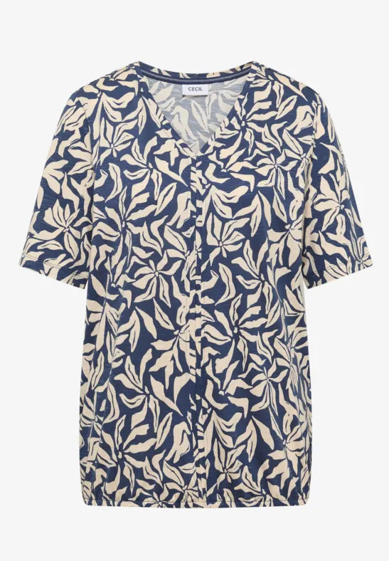 Cecil Cotton T-shirt with V-neck and floral print in Navy Or Pink324832