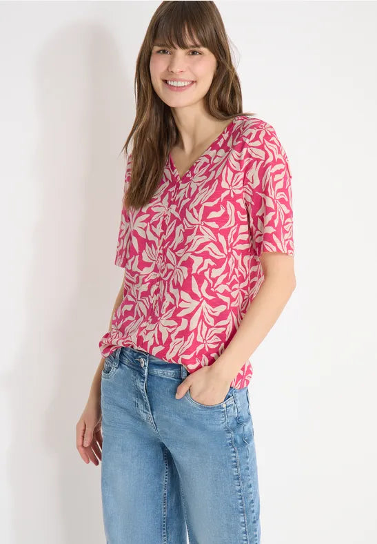 Cecil Cotton T-shirt with V-neck and floral print in Navy Or Pink324832