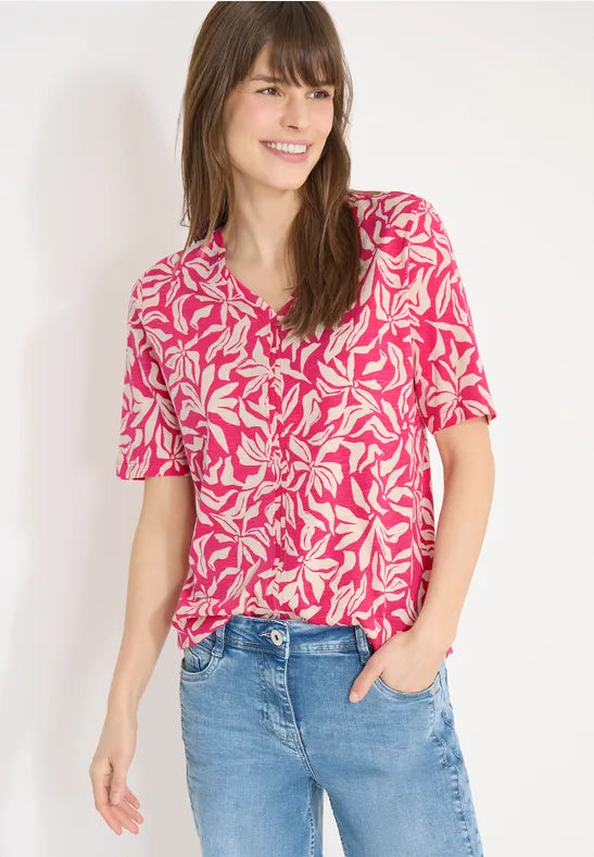 Cecil Cotton T-shirt with V-neck and floral print in Navy Or Pink324832