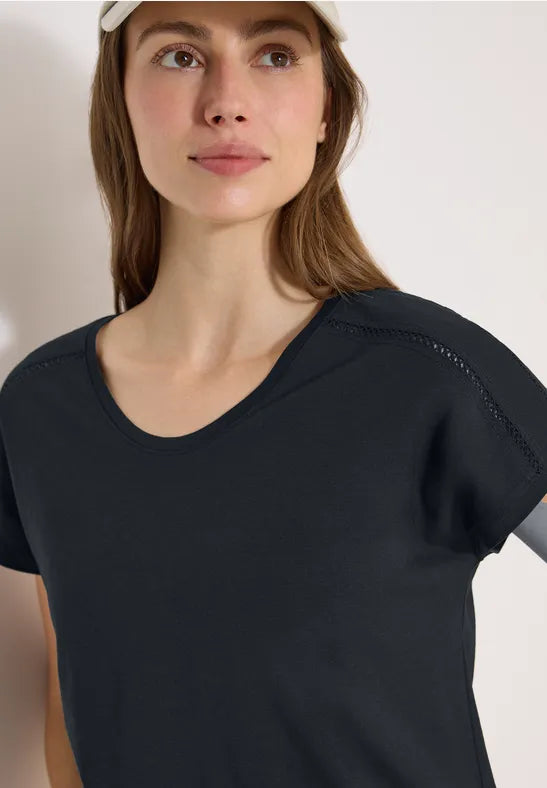 Cecil Cotton V Neck T Shirt with Lattice shoulder detail 325039 26