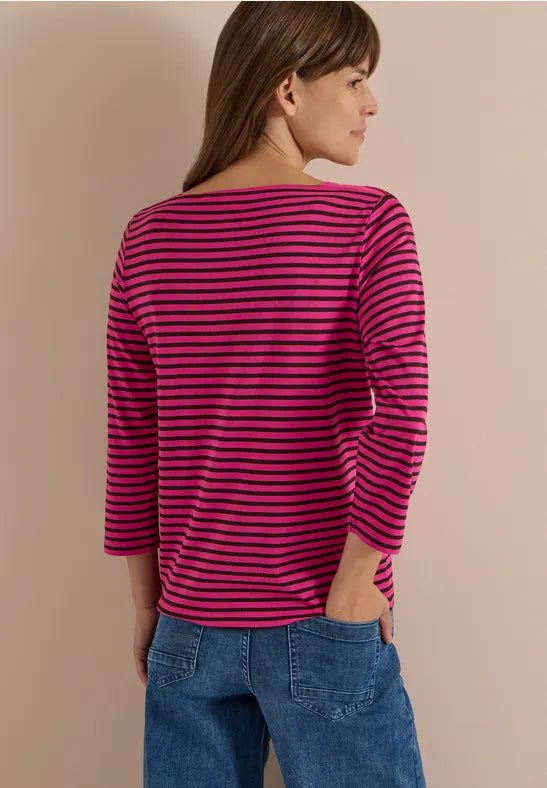 Cecil Cotton 3/4 Sleeve Top in Pink and Navy Stripe 325589