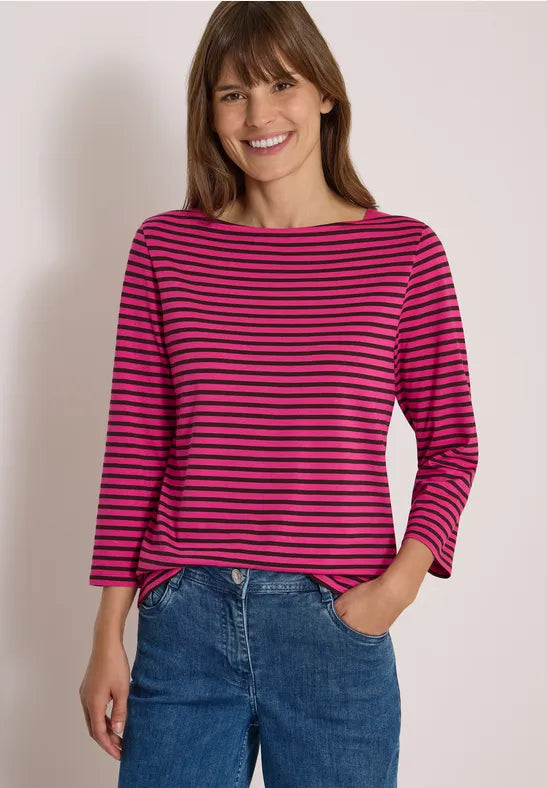 Cecil Cotton 3/4 Sleeve Top in Pink and Navy Stripe 325589