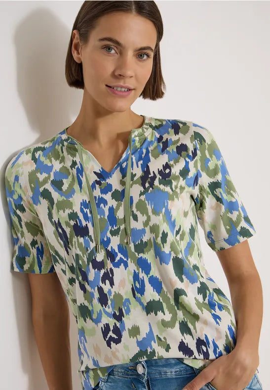 Cecil Cotton T-shirt with tie split neck and print 325595 Green