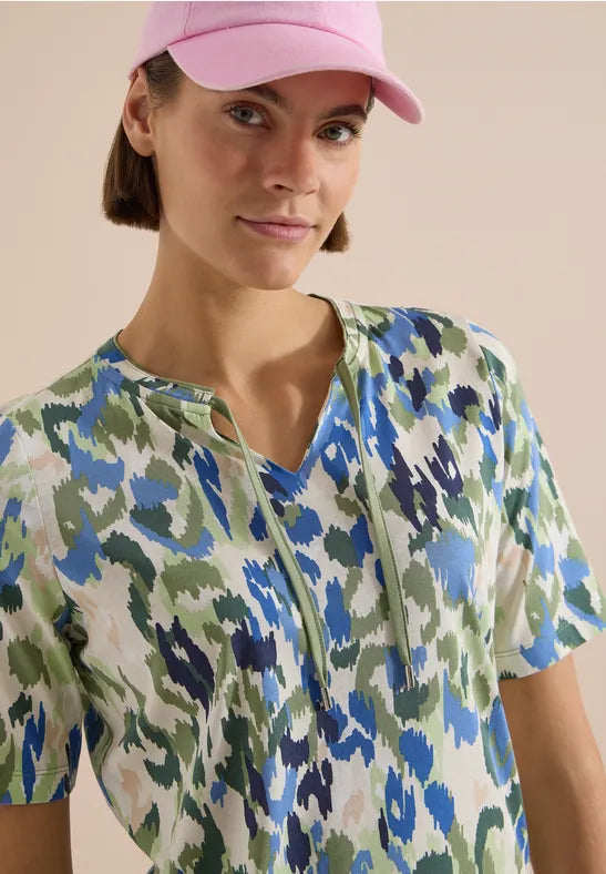 Cecil Cotton T-shirt with tie split neck and print 325595 Green
