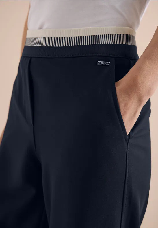 Cecil Navy High waist straight leg trousers in a loose fit 380674