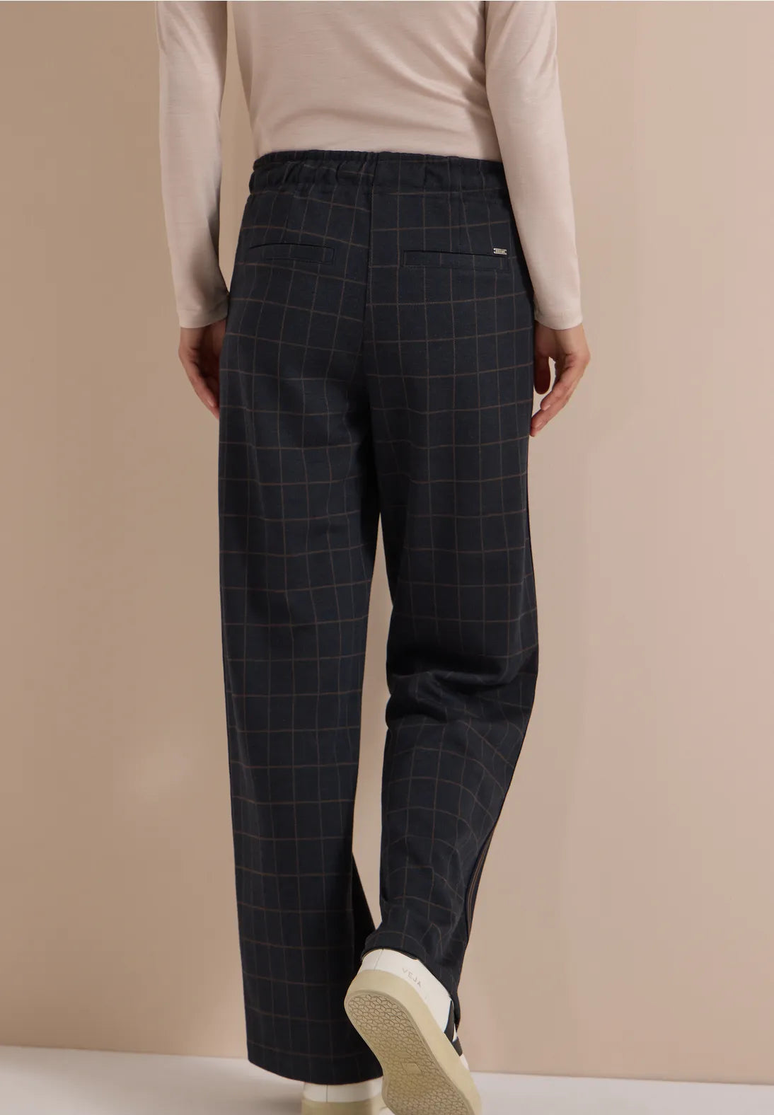 Cecil Wide leg trousers with check pattern and Side tape detail in Navy. 30" Leg