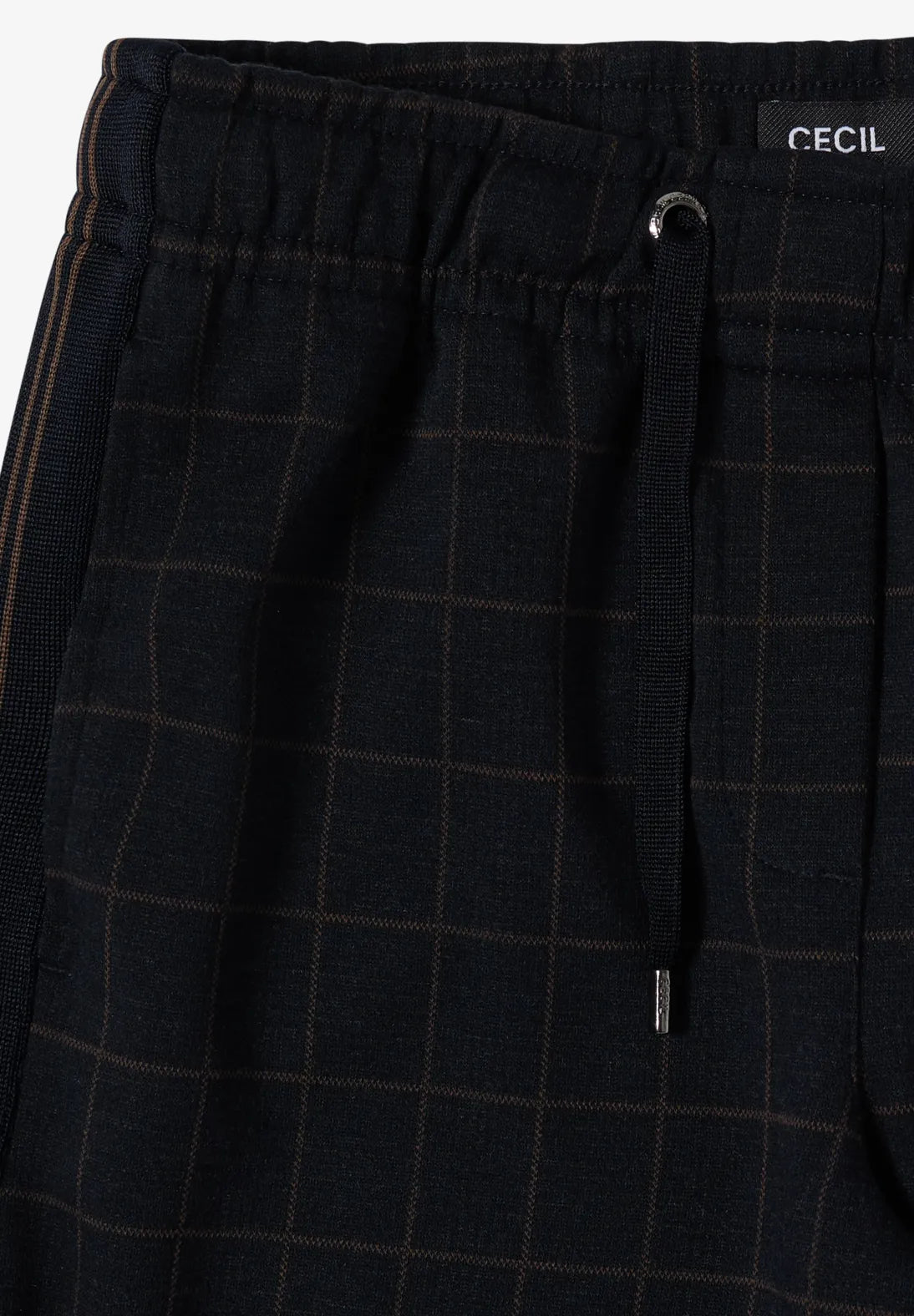 Cecil Wide leg trousers with check pattern and Side tape detail in Navy. 30" Leg