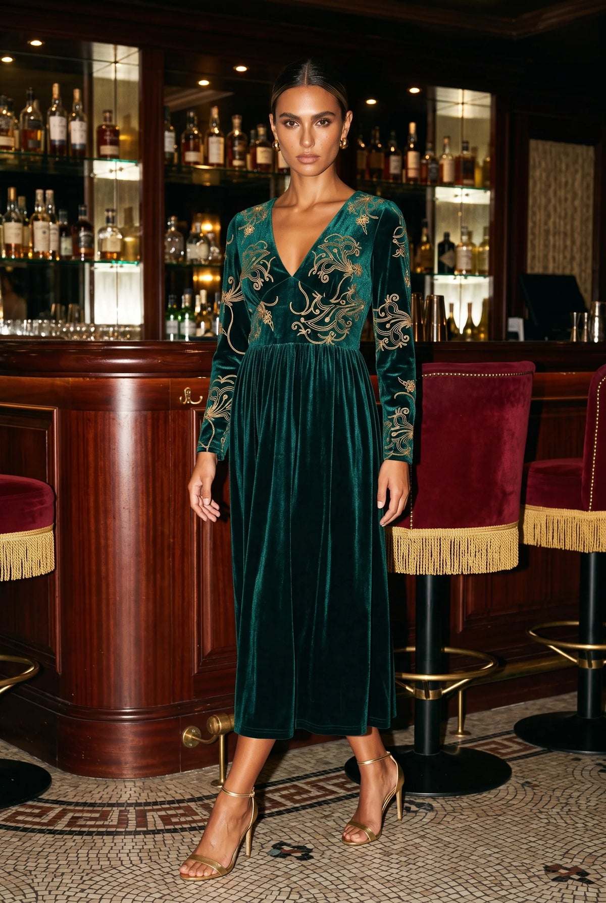 Marc Angelo Velvet Embroidered Midi Dress Black, Green or Burgundy 81188